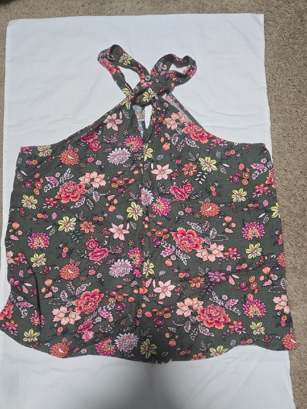 LOFT Olive Green Floral Halter Tank with Pink Accents